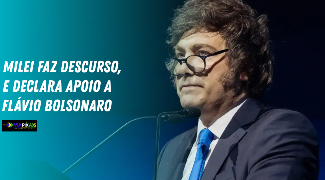 Milei-faz-discurso-contundente-critica-o-socialismo-e-declara-apoio-a-Flavio-Bolsonaro